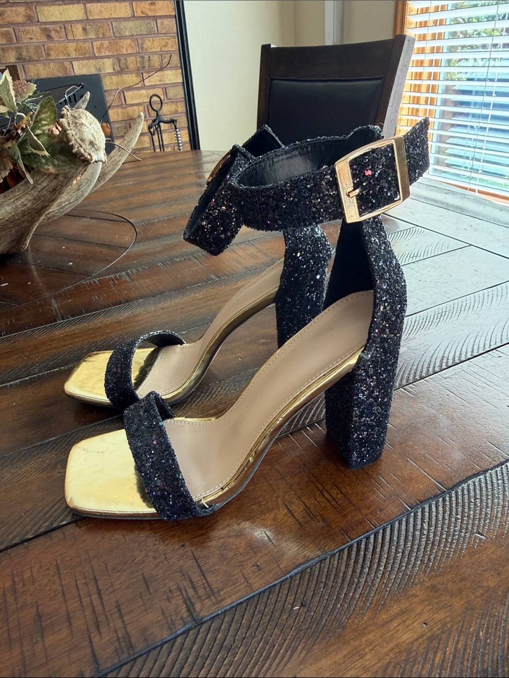 Glitter Ankle-Strap Block Heels with Gold Toe Plate